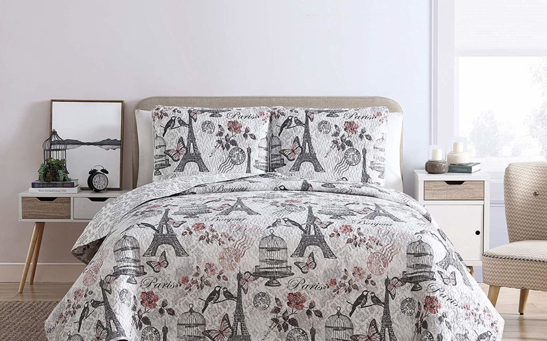 VCNY Home Paris Birds 3 Piece Reversible Quilt Set, Full/Queen