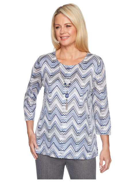 Alfred Dunner Women's Sapphire Skies 3/4 Sleeve Chevron Top with ...