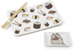 Pusheen by Our Name is Mud Stoneware Sushi Tray and Soy Dish with Chopsticks, 3 Pieces, White