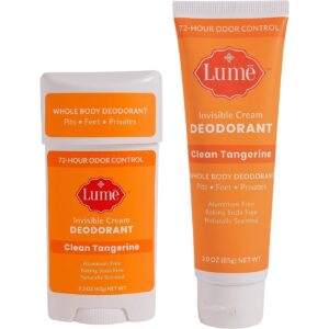 Lume Deodorant Cream – Underarms and Private Parts – Aluminum Free, Baking Soda Free, Hypoallergenic, and Safe For Sensitive Skin – Travel Tube + Cream Deodorant Bundle (Clean Tangerine)