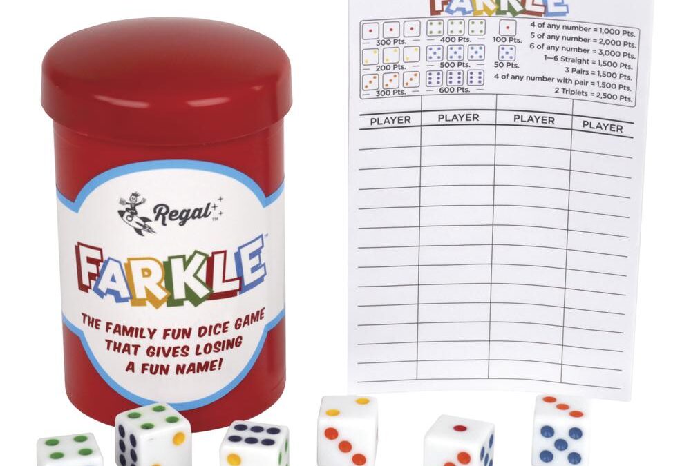 Regal Games - Farkle Classic Dice Game w/ 6 Colored Dice, 1 Convenient Dice Cup for Easy Shaking, and 25 Score Sheets - Fun Family Game for Travel, Camp, and More - Ideal for 2-4 Players (Ages 12+)